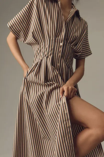 Button-Front Pleated Midi Shirt Dress (Buy 2 Free Shipping)