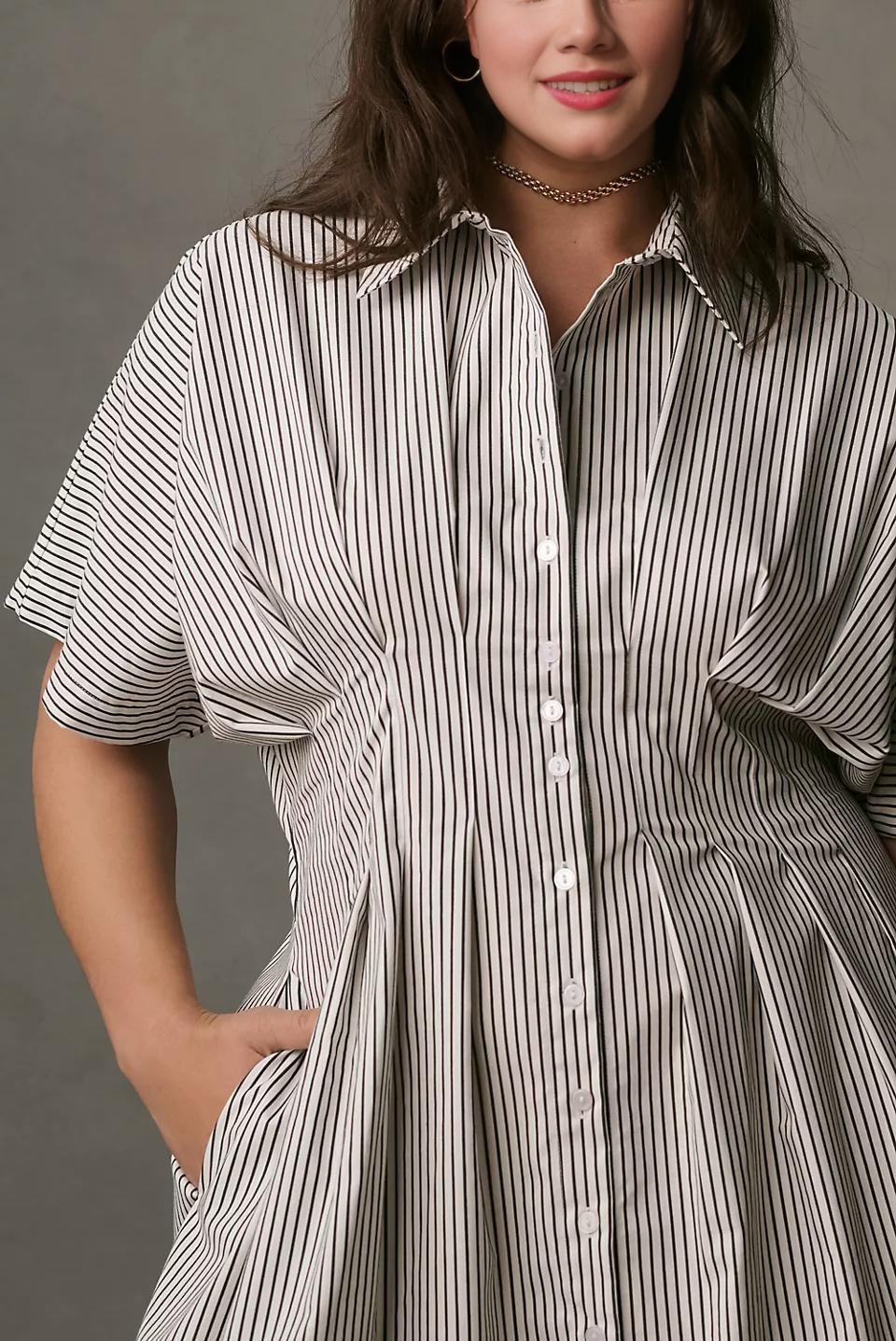 Button-Front Pleated Midi Shirt Dress (Buy 2 Free Shipping)