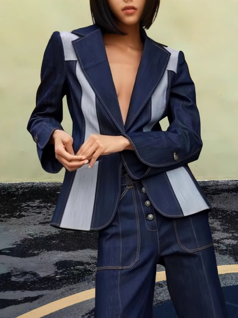 Contrast-Trim Deep V Jacket & Cuffed Denim Set