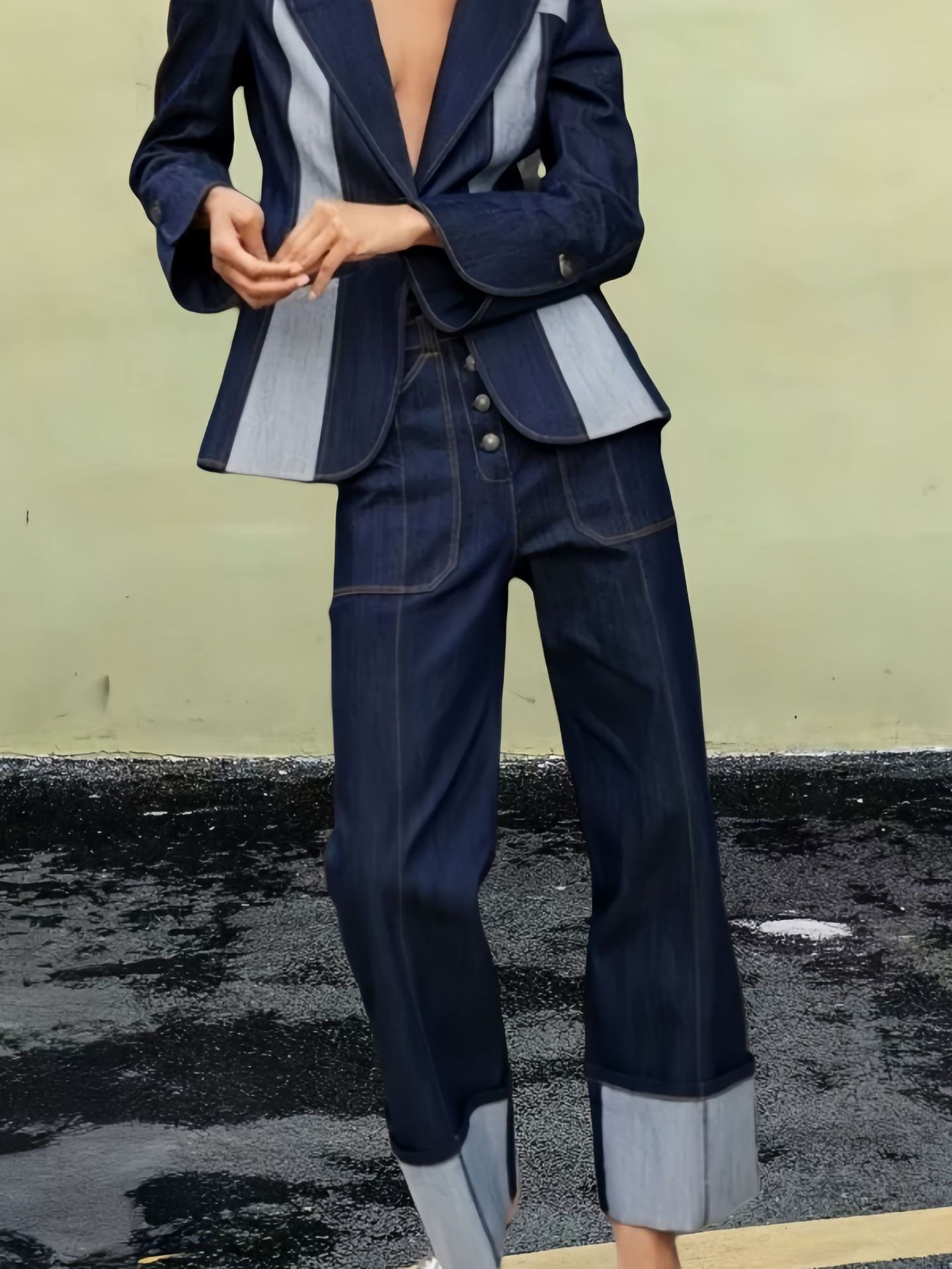 Contrast-Trim Deep V Jacket & Cuffed Denim Set