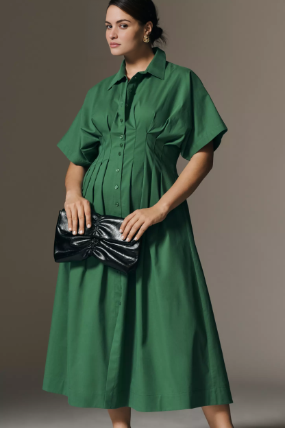 Button-Front Pleated Midi Shirt Dress (Buy 2 Free Shipping)