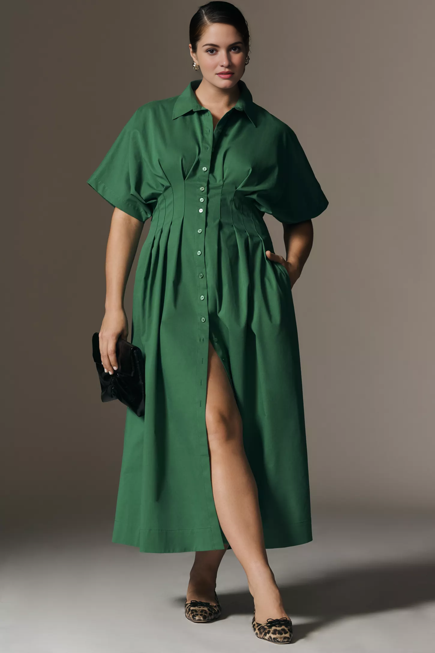 Button-Front Pleated Midi Shirt Dress (Buy 2 Free Shipping)