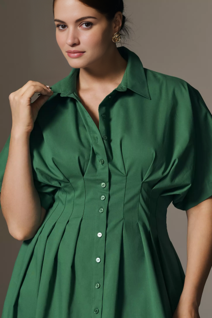Button-Front Pleated Midi Shirt Dress (Buy 2 Free Shipping)