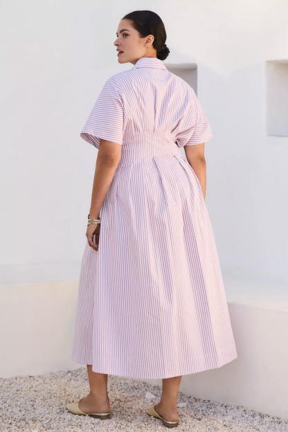 Button-Front Pleated Midi Shirt Dress (Buy 2 Free Shipping)