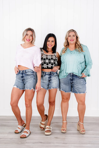 Tummy Control Adjustable Button Distressed Shorts