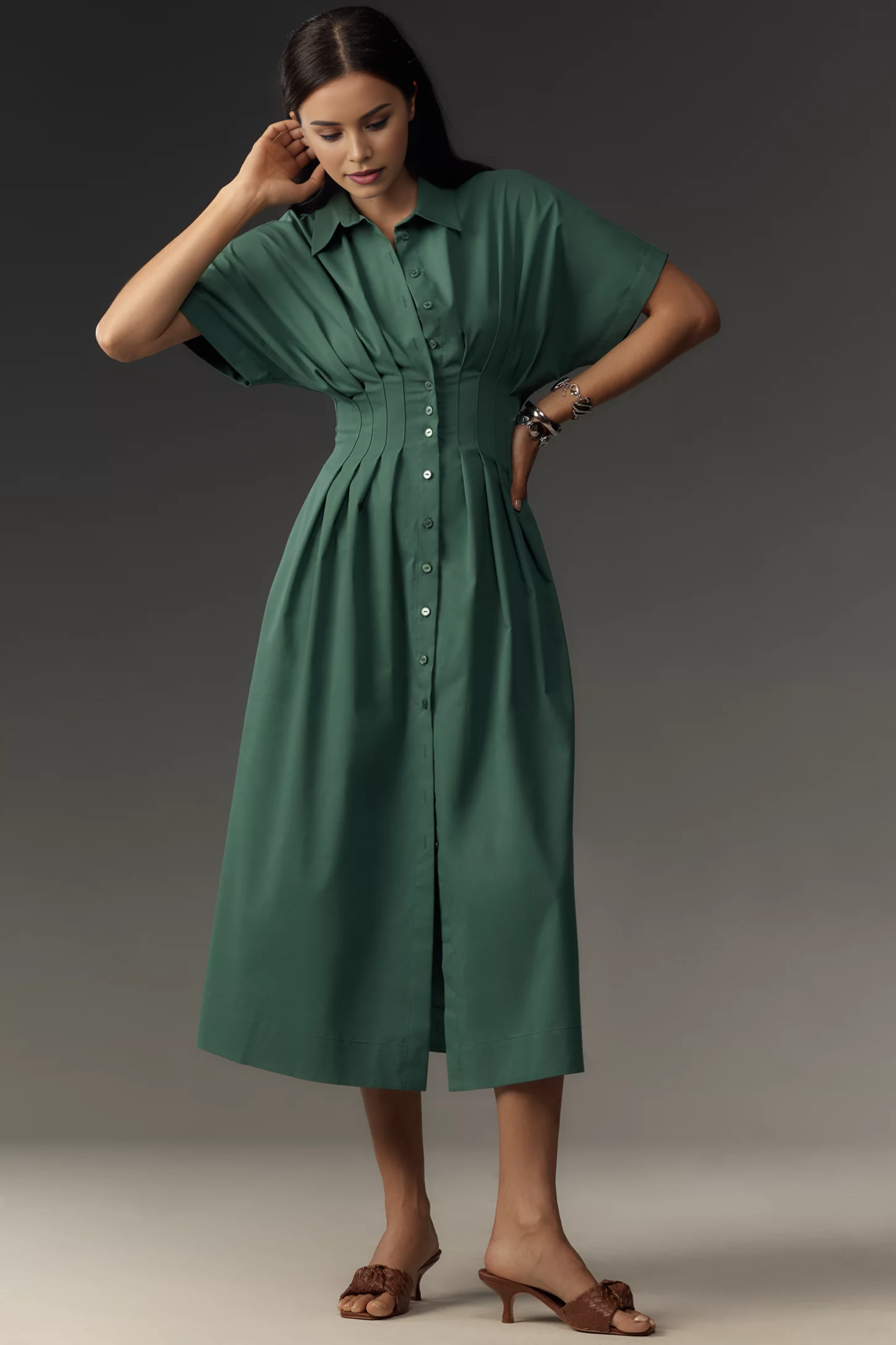Button-Front Pleated Midi Shirt Dress (Buy 2 Free Shipping)