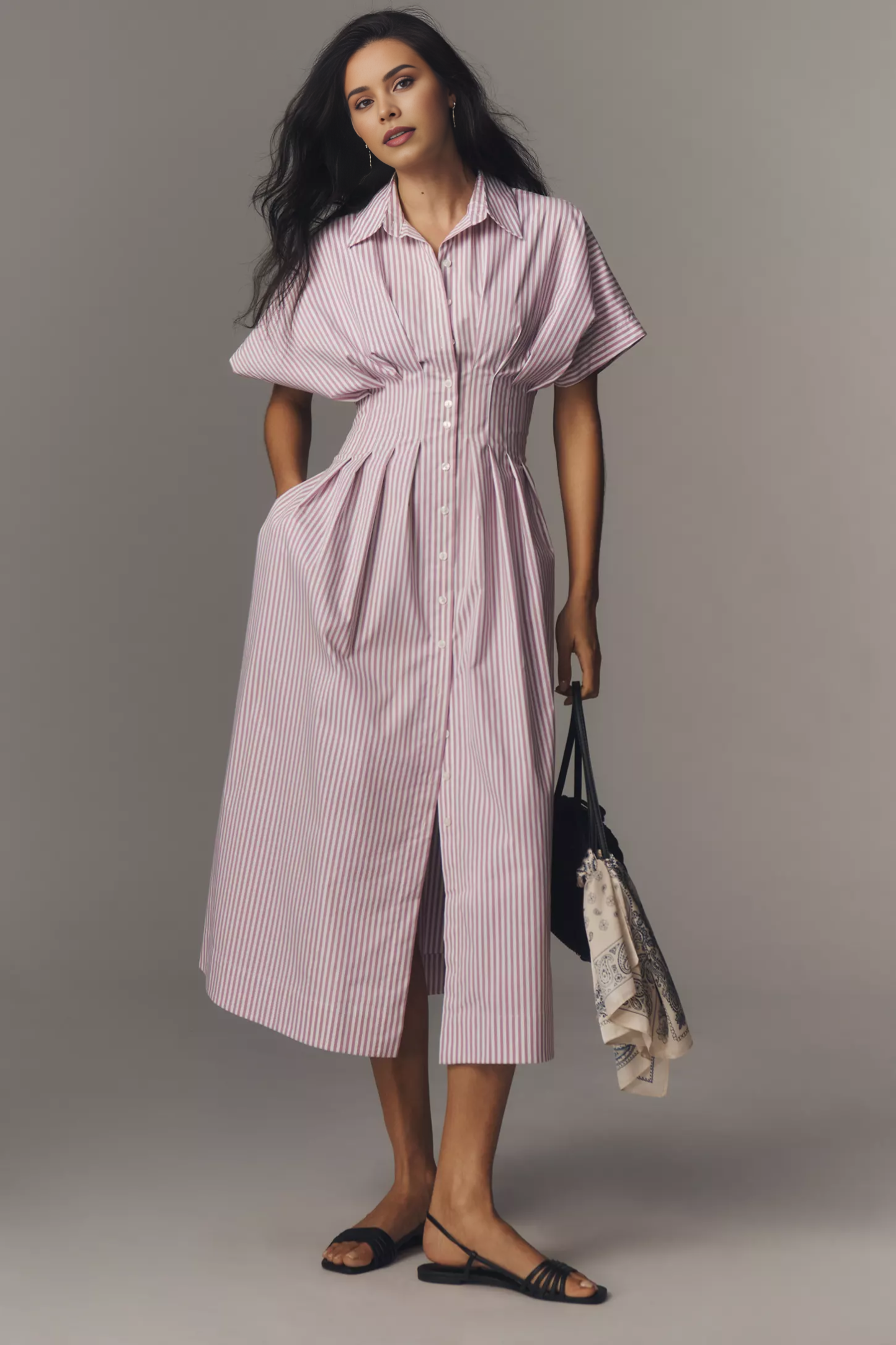 Button-Front Pleated Midi Shirt Dress (Buy 2 Free Shipping)
