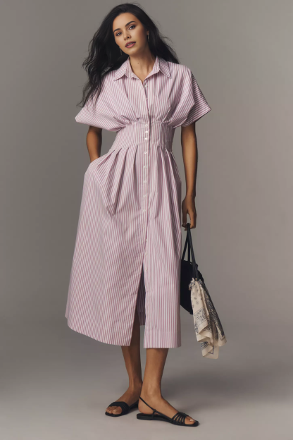 Button-Front Pleated Midi Shirt Dress (Buy 2 Free Shipping)
