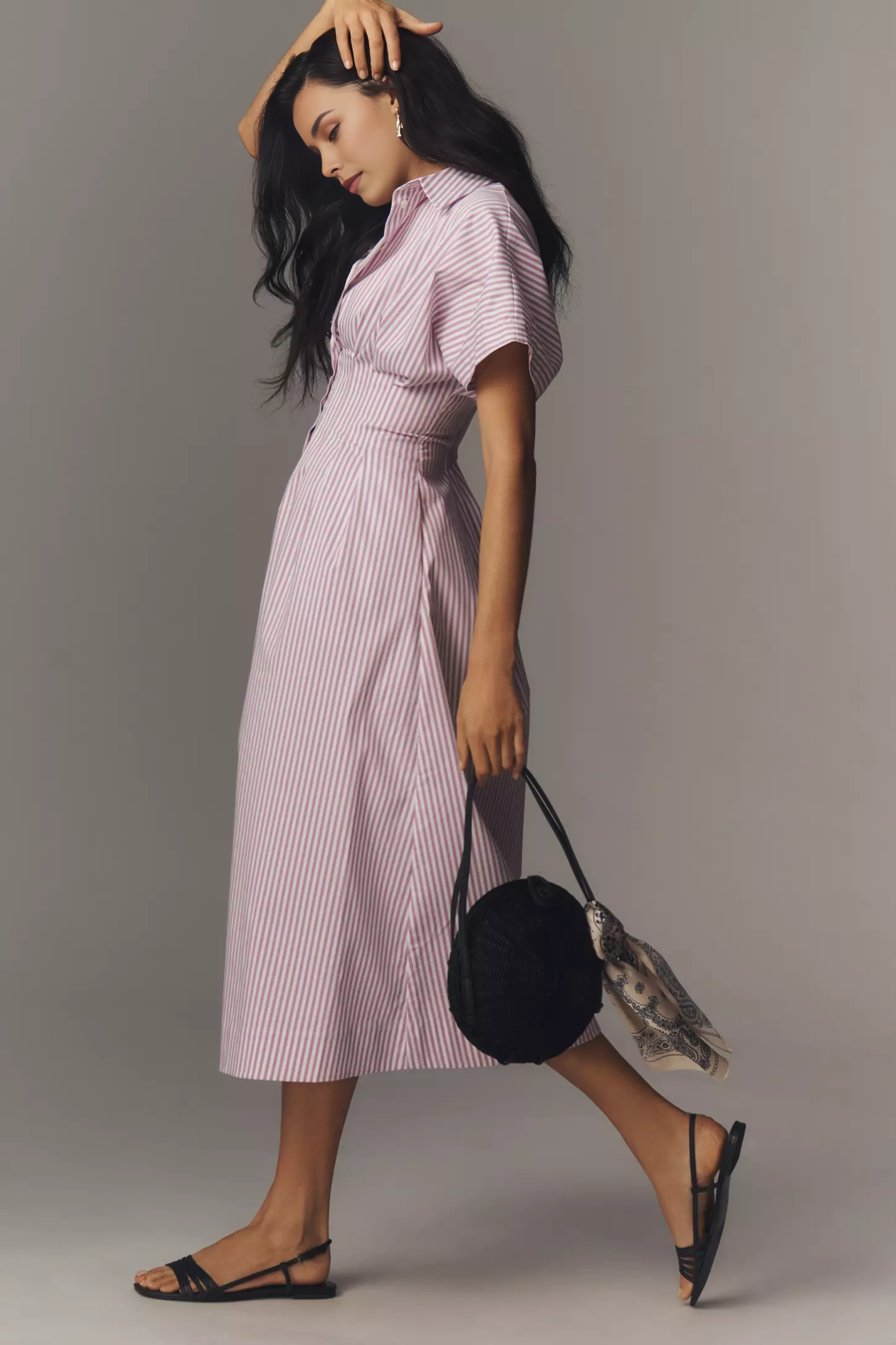 Button-Front Pleated Midi Shirt Dress (Buy 2 Free Shipping)
