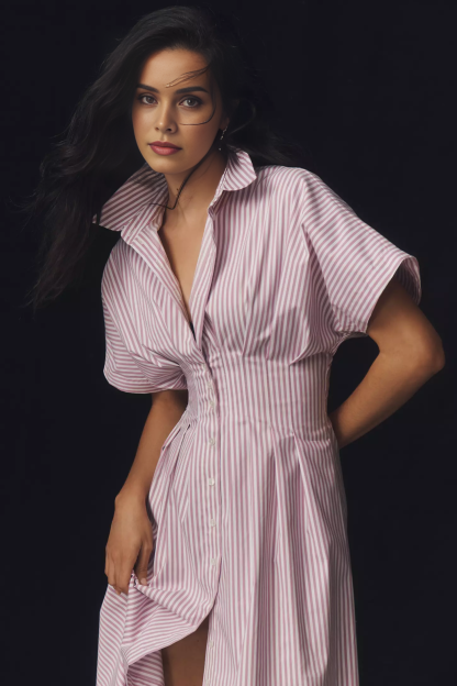 Button-Front Pleated Midi Shirt Dress (Buy 2 Free Shipping)