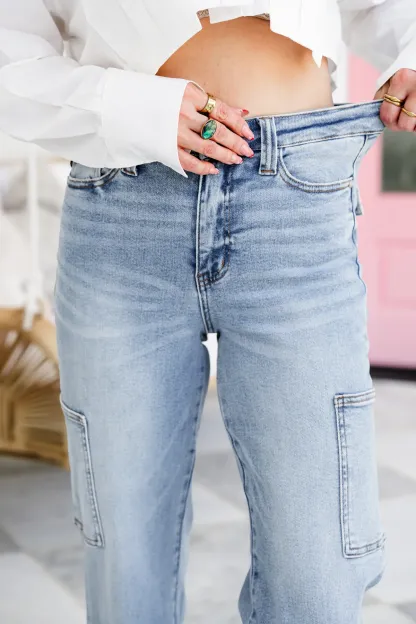 Tummy Control High Rise Cargo Wide Leg Jeans (Buy 2 Free Shipping)