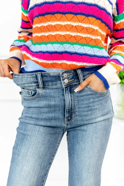 Tummy Control Double Button Flare Jeans