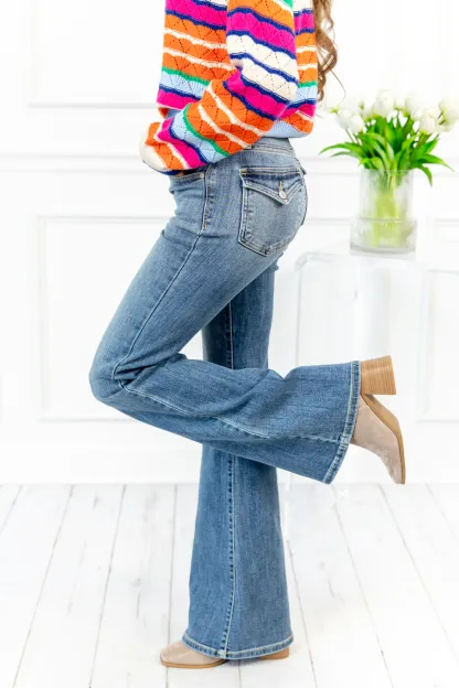 Tummy Control Double Button Flare Jeans