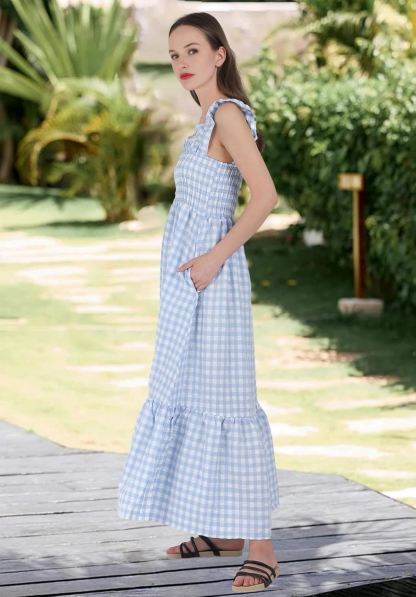 Plaid Ruffle Strap Square Neck Dress (Buy 2 Free Shipping)