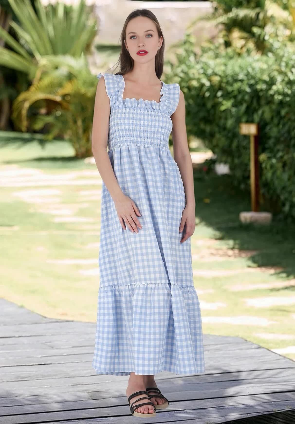 Plaid Ruffle Strap Square Neck Dress (Buy 2 Free Shipping)