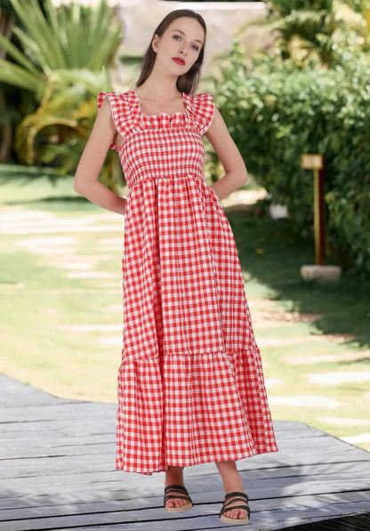Plaid Ruffle Strap Square Neck Dress (Buy 2 Free Shipping)