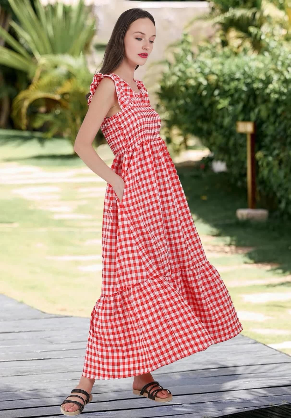 Plaid Ruffle Strap Square Neck Dress (Buy 2 Free Shipping)