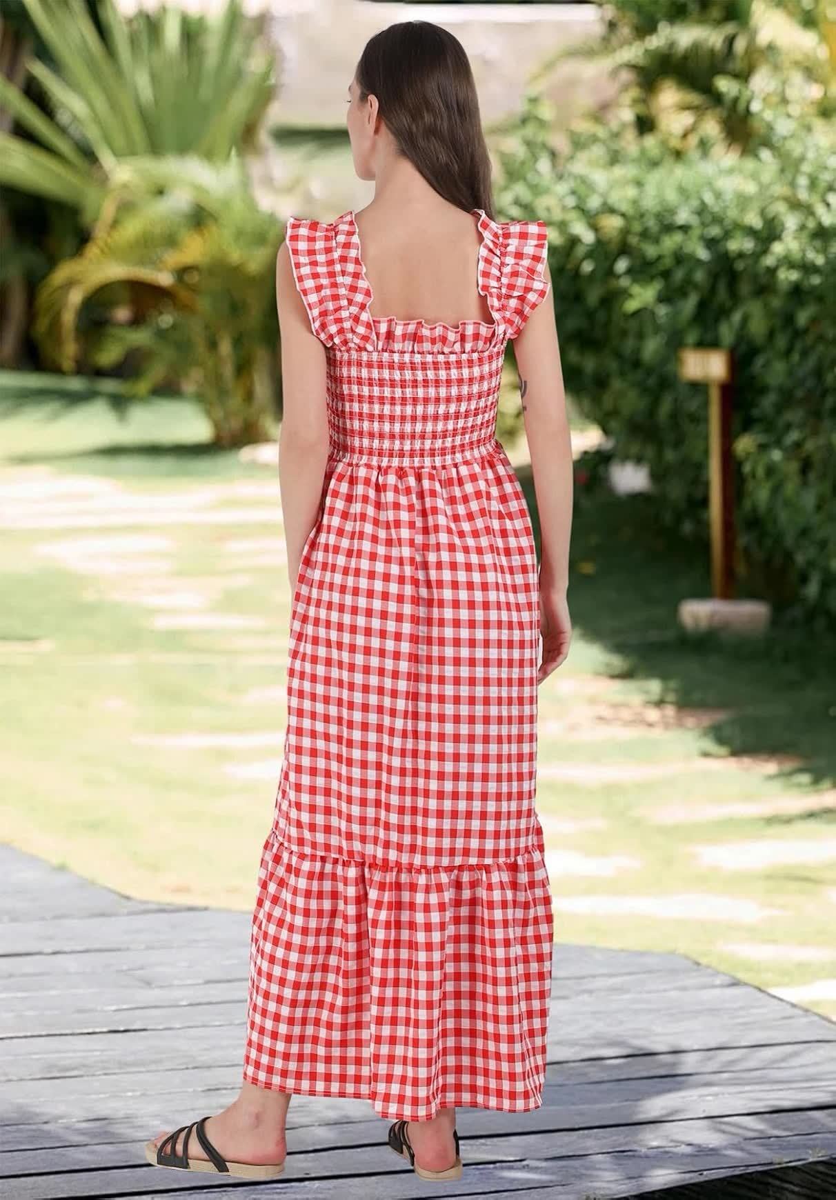 Plaid Ruffle Strap Square Neck Dress (Buy 2 Free Shipping)