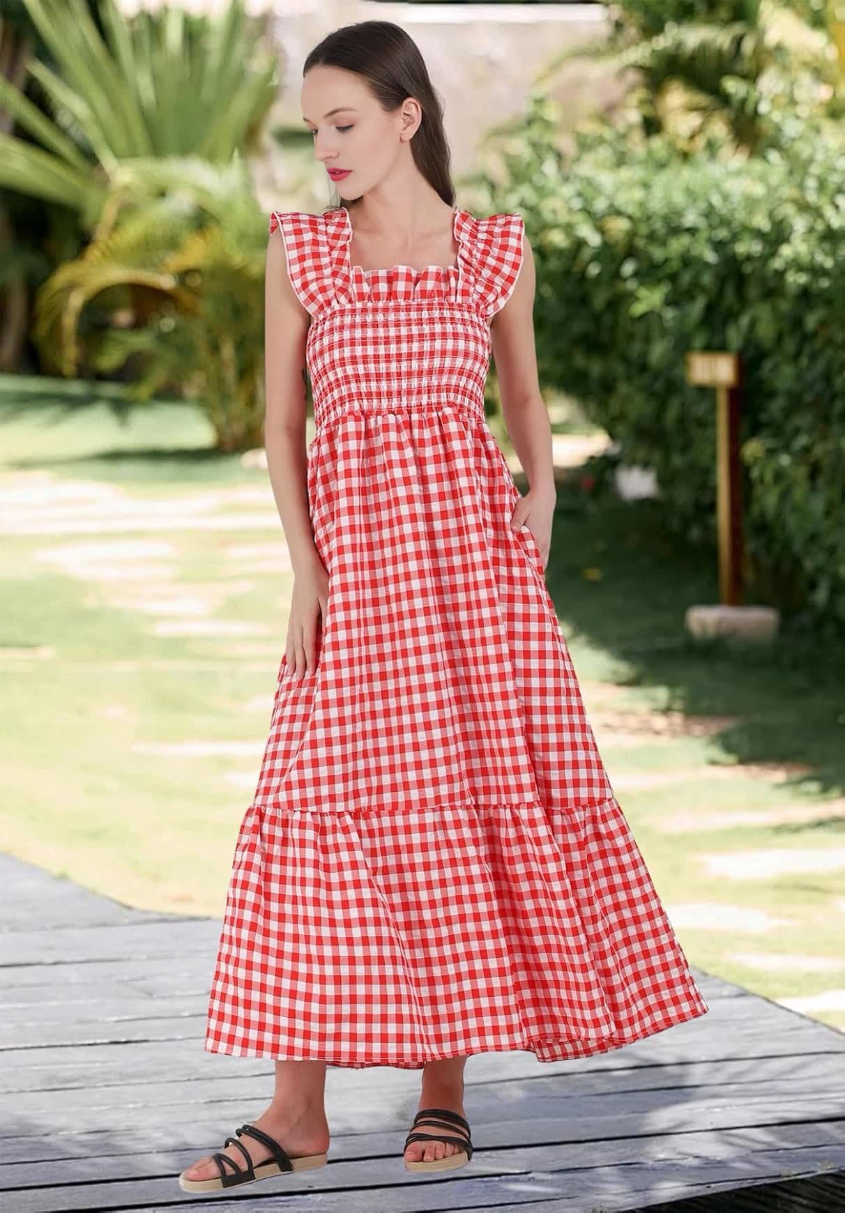Plaid Ruffle Strap Square Neck Dress (Buy 2 Free Shipping)