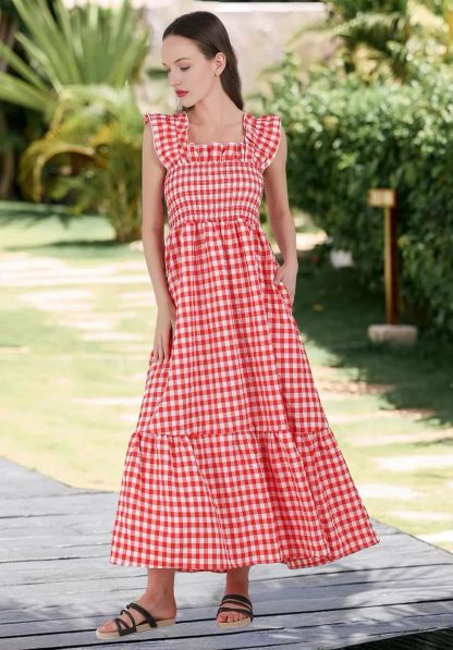 Plaid Ruffle Strap Square Neck Dress (Buy 2 Free Shipping)
