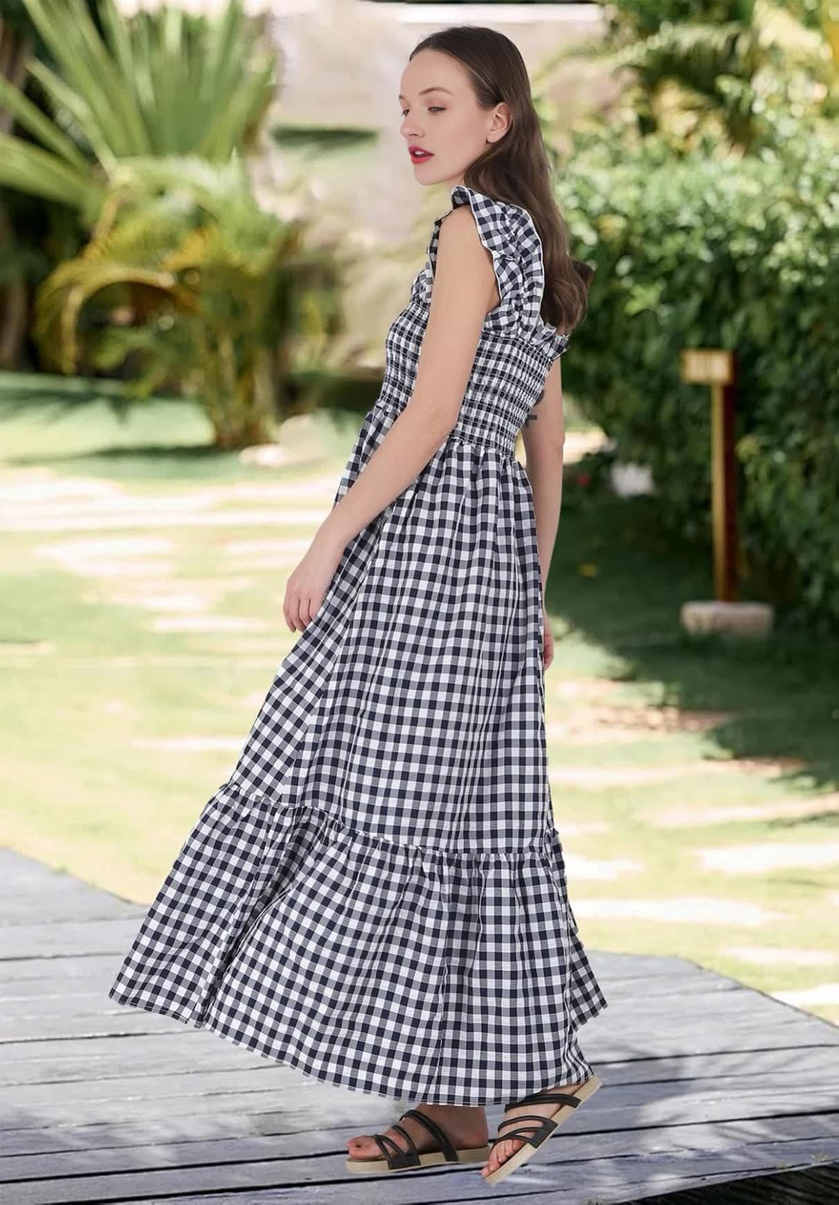 Plaid Ruffle Strap Square Neck Dress (Buy 2 Free Shipping)