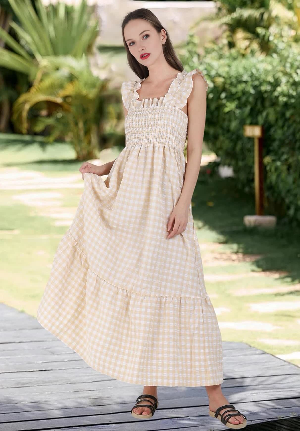 Plaid Ruffle Strap Square Neck Dress (Buy 2 Free Shipping)