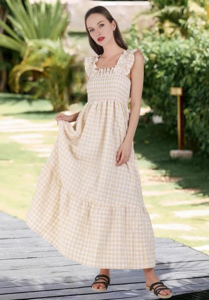 Plaid Ruffle Strap Square Neck Dress (Buy 2 Free Shipping)