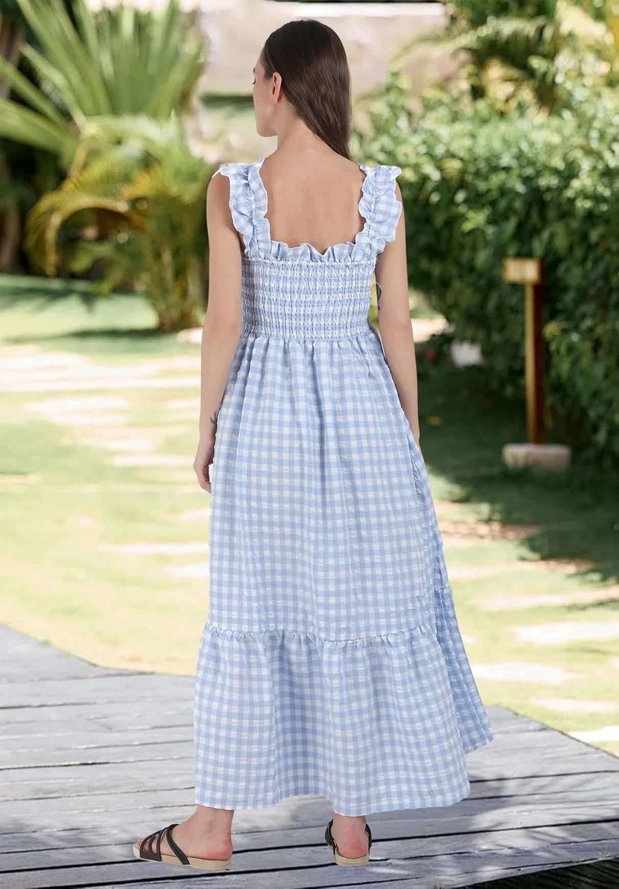 Plaid Ruffle Strap Square Neck Dress (Buy 2 Free Shipping)