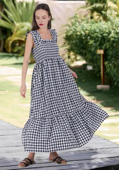 Plaid Ruffle Strap Square Neck Dress (Buy 2 Free Shipping)