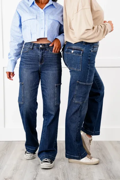 Tummy Control High Rise Cargo Wide Leg Jeans (Buy 2 Free Shipping)