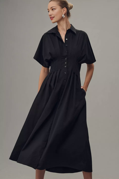 Button-Front Pleated Midi Shirt Dress (Buy 2 Free Shipping)