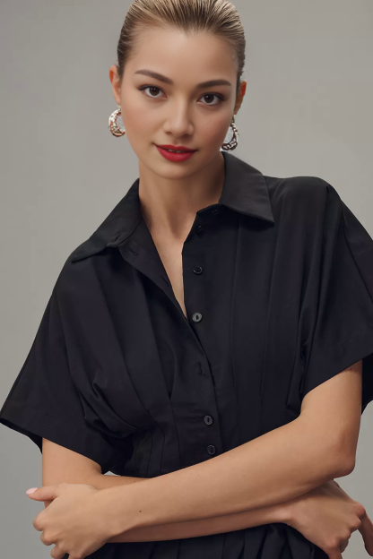 Button-Front Pleated Midi Shirt Dress (Buy 2 Free Shipping)