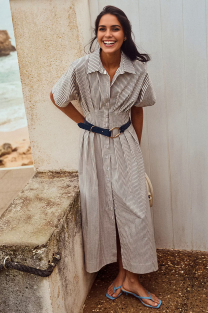 Button-Front Pleated Midi Shirt Dress (Buy 2 Free Shipping)