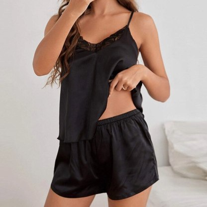 Female Pijama Set Sexy Sling V Neck Sleepwear Satin Top And Shorts Splicing Lace Solid Nightclothes Two Piece Suit Women Pajama