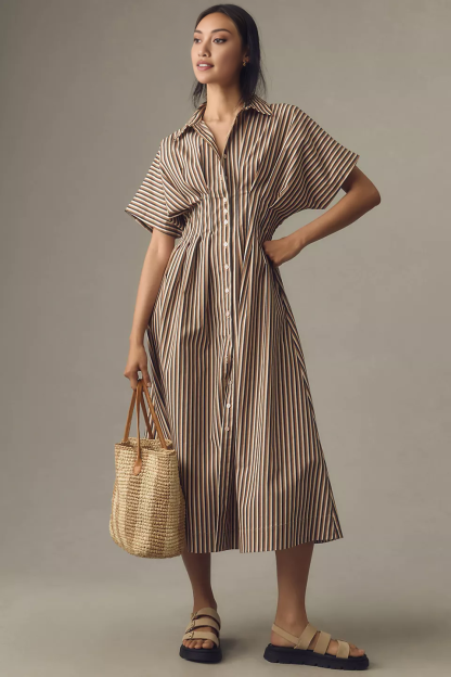 Button-Front Pleated Midi Shirt Dress (Buy 2 Free Shipping)