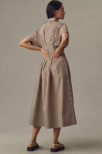 Button-Front Pleated Midi Shirt Dress (Buy 2 Free Shipping)