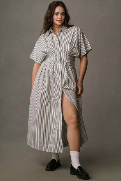 Button-Front Pleated Midi Shirt Dress (Buy 2 Free Shipping)