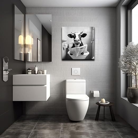 Qingquyy Black and White Cute Cow Wall Art - Abstract Lovely Animals Watching Newspaper in Bathroom Wall Decoration Modern artwork 12x12 inches Framed Painting Canvas Wall Art Print Poster For Restroom WC