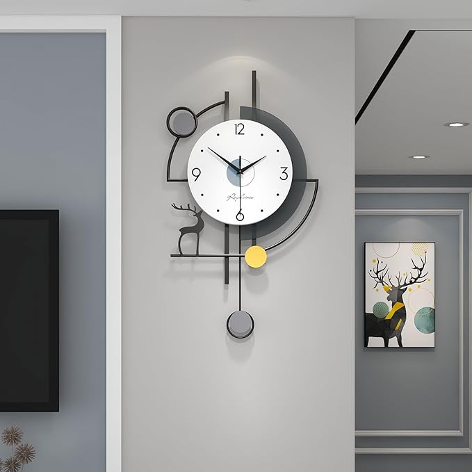 Large Wall Clocks for Living Room Decor Modern Pendulum Wall Clock Silent Quartz Battery Operated Non-Ticking for Bedroom Kitchen Office 24inch Black Metal Deer Clock Wall Decor for Home Indoor