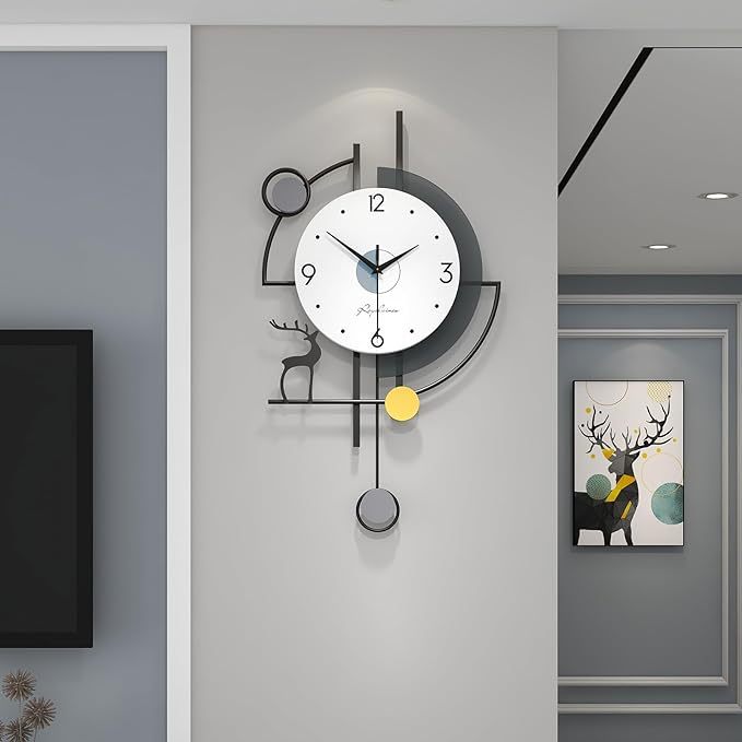 Large Wall Clocks for Living Room Decor Modern Pendulum Wall Clock Silent Quartz Battery Operated Non-Ticking for Bedroom Kitchen Office 24inch Black Metal Deer Clock Wall Decor for Home Indoor