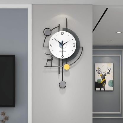 Large Wall Clocks for Living Room Decor Modern Pendulum Wall Clock Silent Quartz Battery Operated Non-Ticking for Bedroom Kitchen Office 24inch Black Metal Deer Clock Wall Decor for Home Indoor