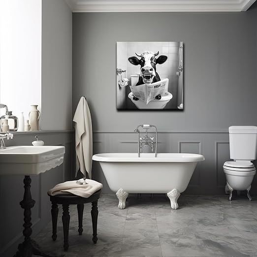 Qingquyy Black and White Cute Cow Wall Art - Abstract Lovely Animals Watching Newspaper in Bathroom Wall Decoration Modern artwork 12x12 inches Framed Painting Canvas Wall Art Print Poster For Restroom WC