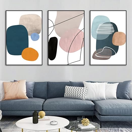 Wall Art 3 Pieces Of Framed Decorative Paintings Abstract Simple Orange White Blue And Other Color Blocks Wall Art Canvas Prints Wall Decor Gifts Size 16" x 24" x 3 Panels