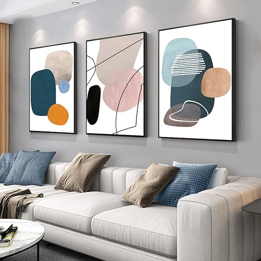 Wall Art 3 Pieces Of Framed Decorative Paintings Abstract Simple Orange White Blue And Other Color Blocks Wall Art Canvas Prints Wall Decor Gifts Size 16" x 24" x 3 Panels