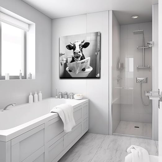 Qingquyy Black and White Cute Cow Wall Art - Abstract Lovely Animals Watching Newspaper in Bathroom Wall Decoration Modern artwork 12x12 inches Framed Painting Canvas Wall Art Print Poster For Restroom WC