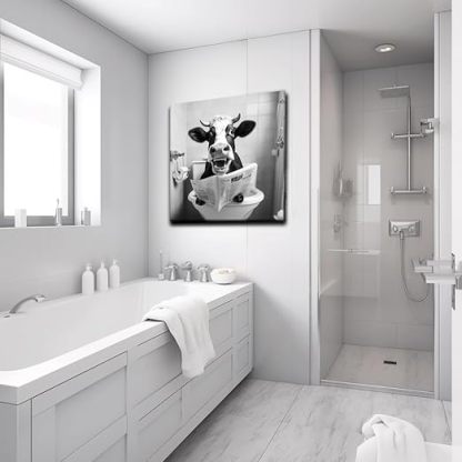 Qingquyy Black and White Cute Cow Wall Art - Abstract Lovely Animals Watching Newspaper in Bathroom Wall Decoration Modern artwork 12x12 inches Framed Painting Canvas Wall Art Print Poster For Restroom WC