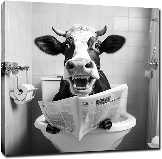 Qingquyy Black and White Cute Cow Wall Art - Abstract Lovely Animals Watching Newspaper in Bathroom Wall Decoration Modern artwork 12x12 inches Framed Painting Canvas Wall Art Print Poster For Restroom WC