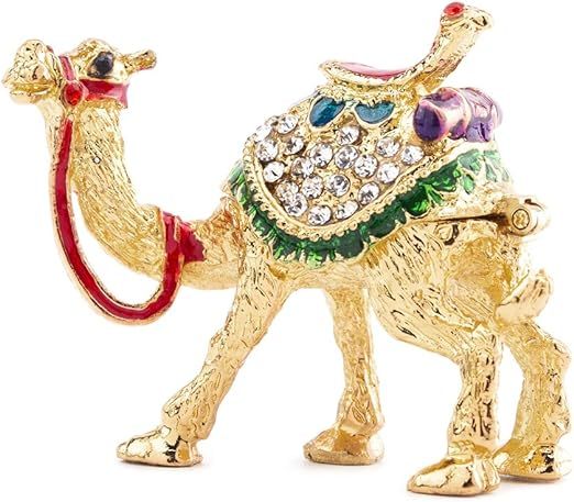 Crystal Camel Figurines Decor Ornament,Golden Enamel Camel Statues Animal Trinket Jewelry Box Hinged