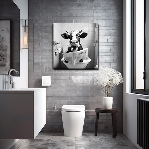 Qingquyy Black and White Cute Cow Wall Art - Abstract Lovely Animals Watching Newspaper in Bathroom Wall Decoration Modern artwork 12x12 inches Framed Painting Canvas Wall Art Print Poster For Restroom WC