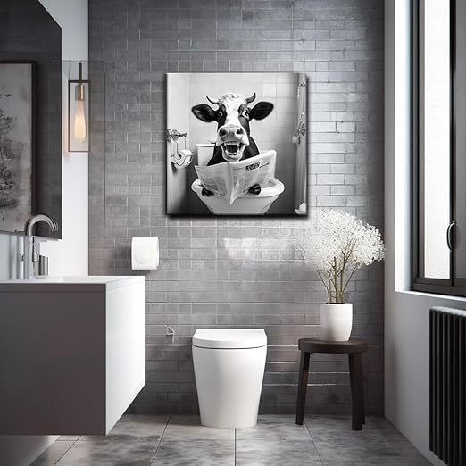 Qingquyy Black and White Cute Cow Wall Art - Abstract Lovely Animals Watching Newspaper in Bathroom Wall Decoration Modern artwork 12x12 inches Framed Painting Canvas Wall Art Print Poster For Restroom WC